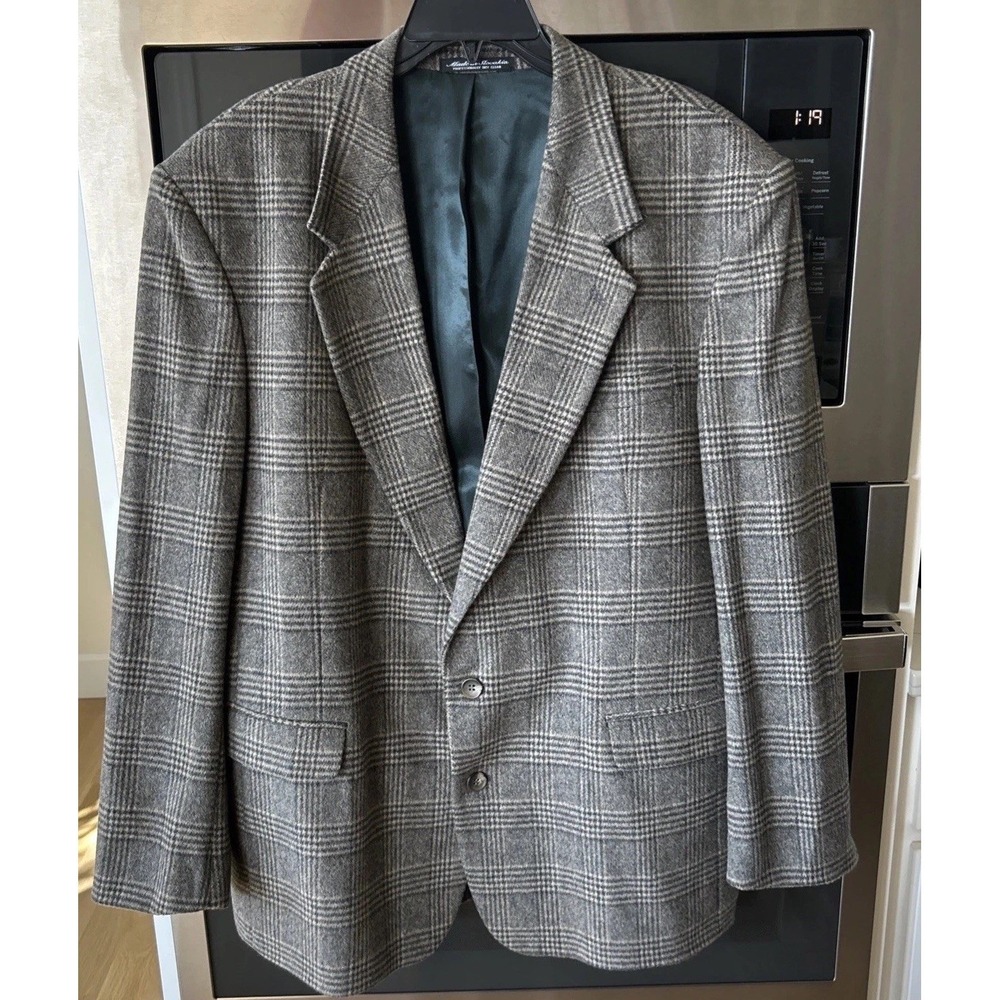 Executive Collection Sport Coat Mens 44L Gray Plaid Wool Camal Hair Blend